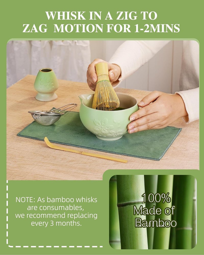 Zens Matcha Whisk Set, Ceramic Matcha Tea Set with 15oz Sakura Bowl and Bamboo Whisk & Scoop, (Chasen Holder), Stainless Sifter-Tea Towel, 6pcs Matcha Kit for Matcha Lovers, Green - Image 5